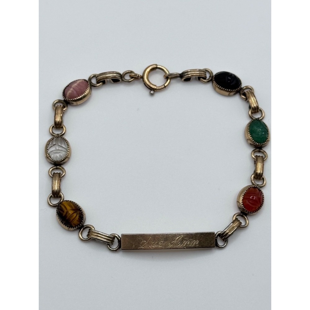 Vintage Admark GF Gold Filled Multicolor Scarab Gemstone 'Sue Ann' Name Bracelet
